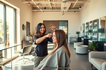 Best hair salon San Diego showcasing a stylist giving a haircut with highlights in a welcoming, modern salon.