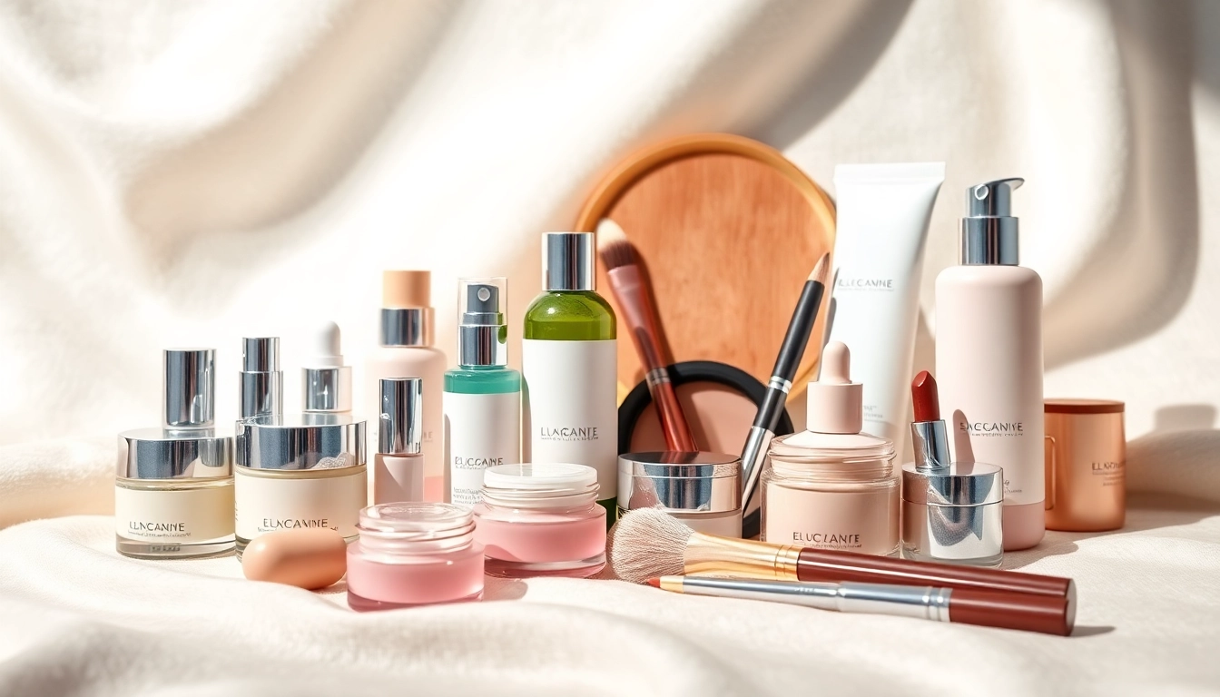Kosmetika grožio produktų išdėstymas, pabrėžiantis eleganciją ir maistingumą.