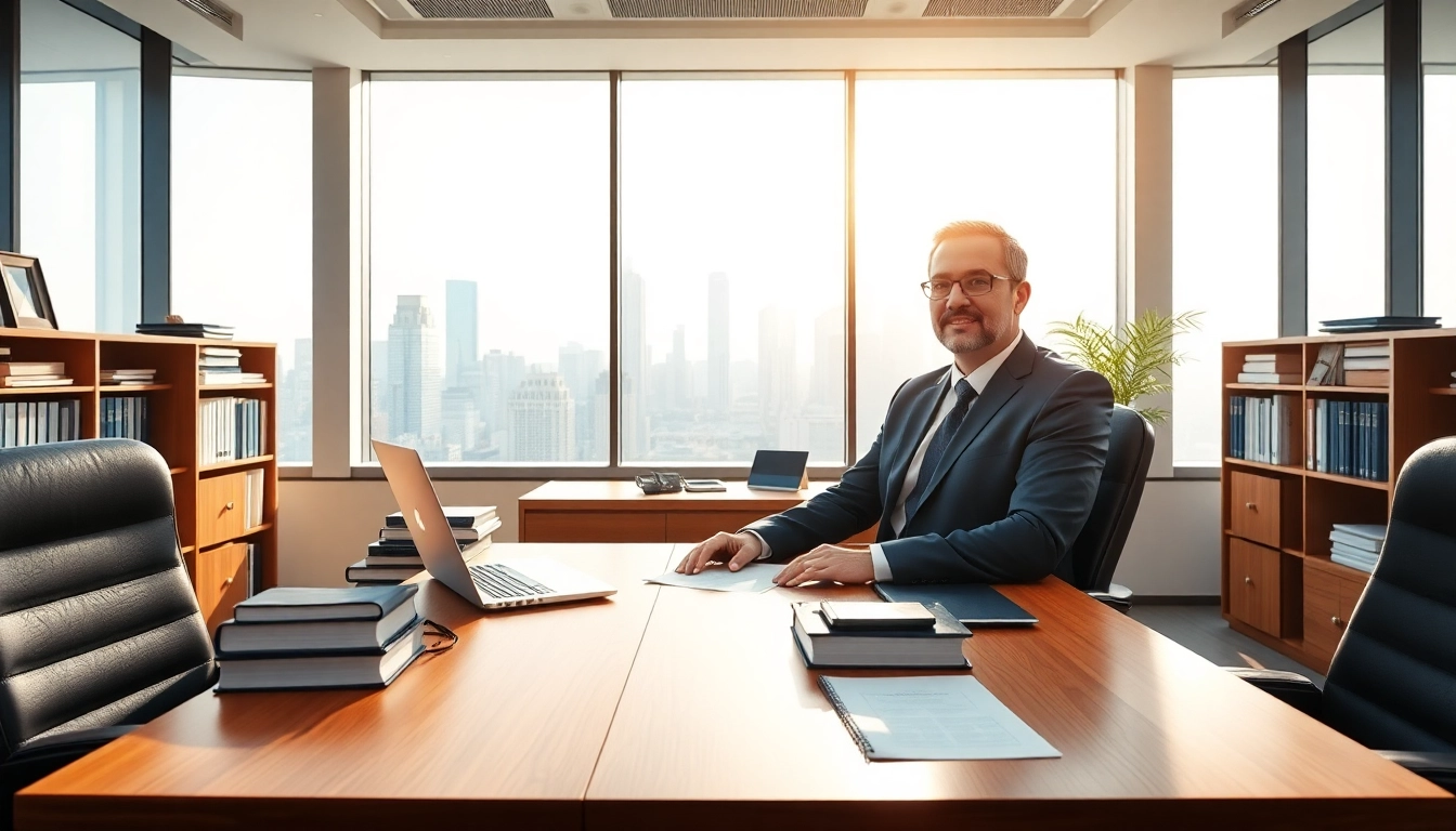 Real estate lawyer advising clients in a professional office setting with bright lighting.