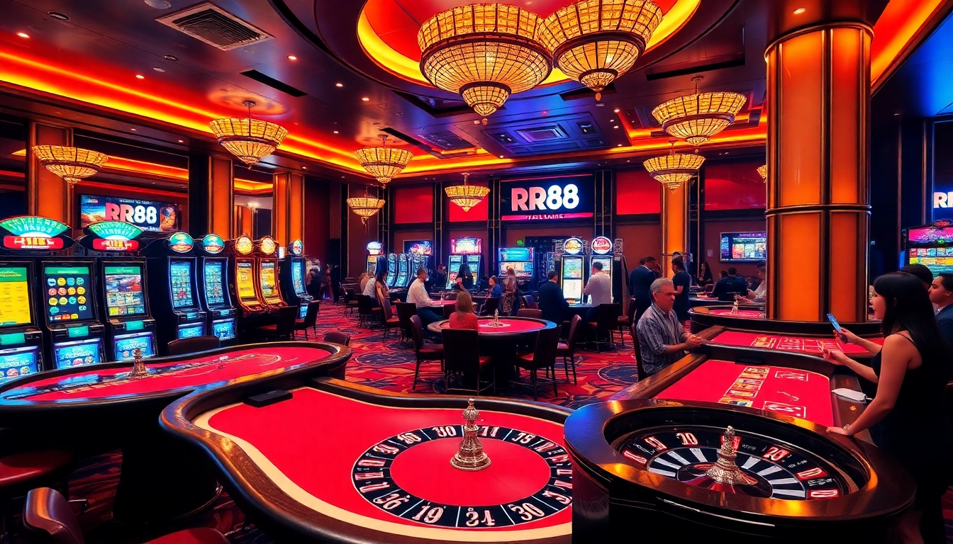 RR88 casino scene with poker tables and roulette wheel, showcasing thrilling gambling.