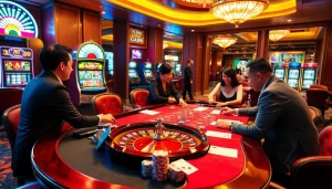 Players enjoying high-stakes action at a luxurious casino table featuring https:/nk88.us.com/ elements.