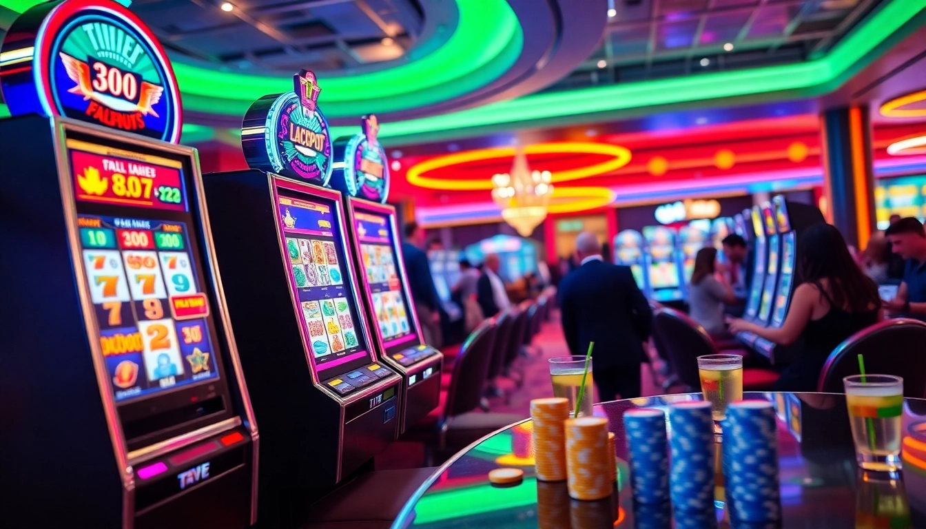 Slot depo 1k, mesin slot yang ramai dimainkan oleh pemain dalam suasana kasino yang ceria.