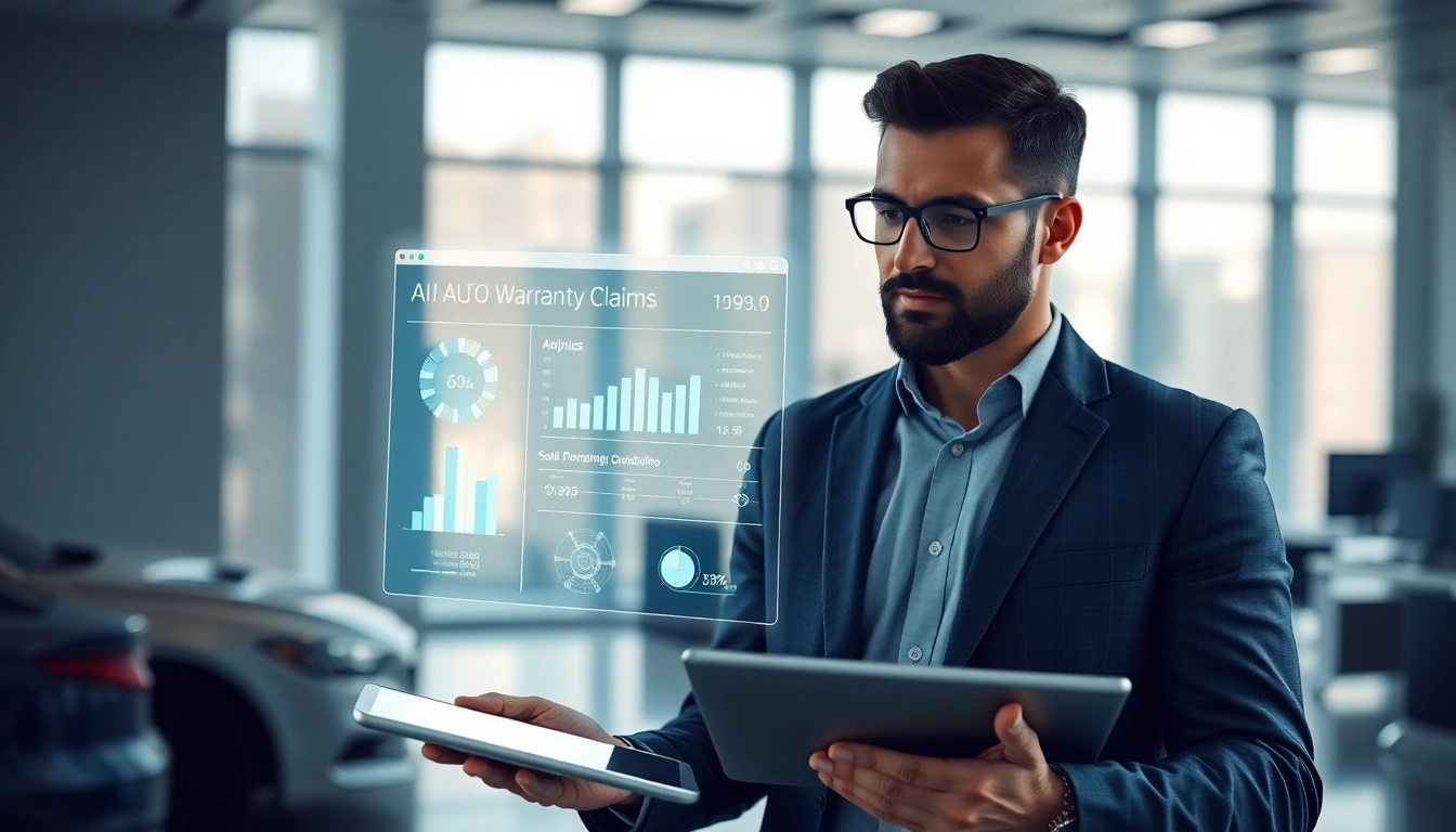 Visual representation of AI assisted auto warranty claims processing in a modern office environment.