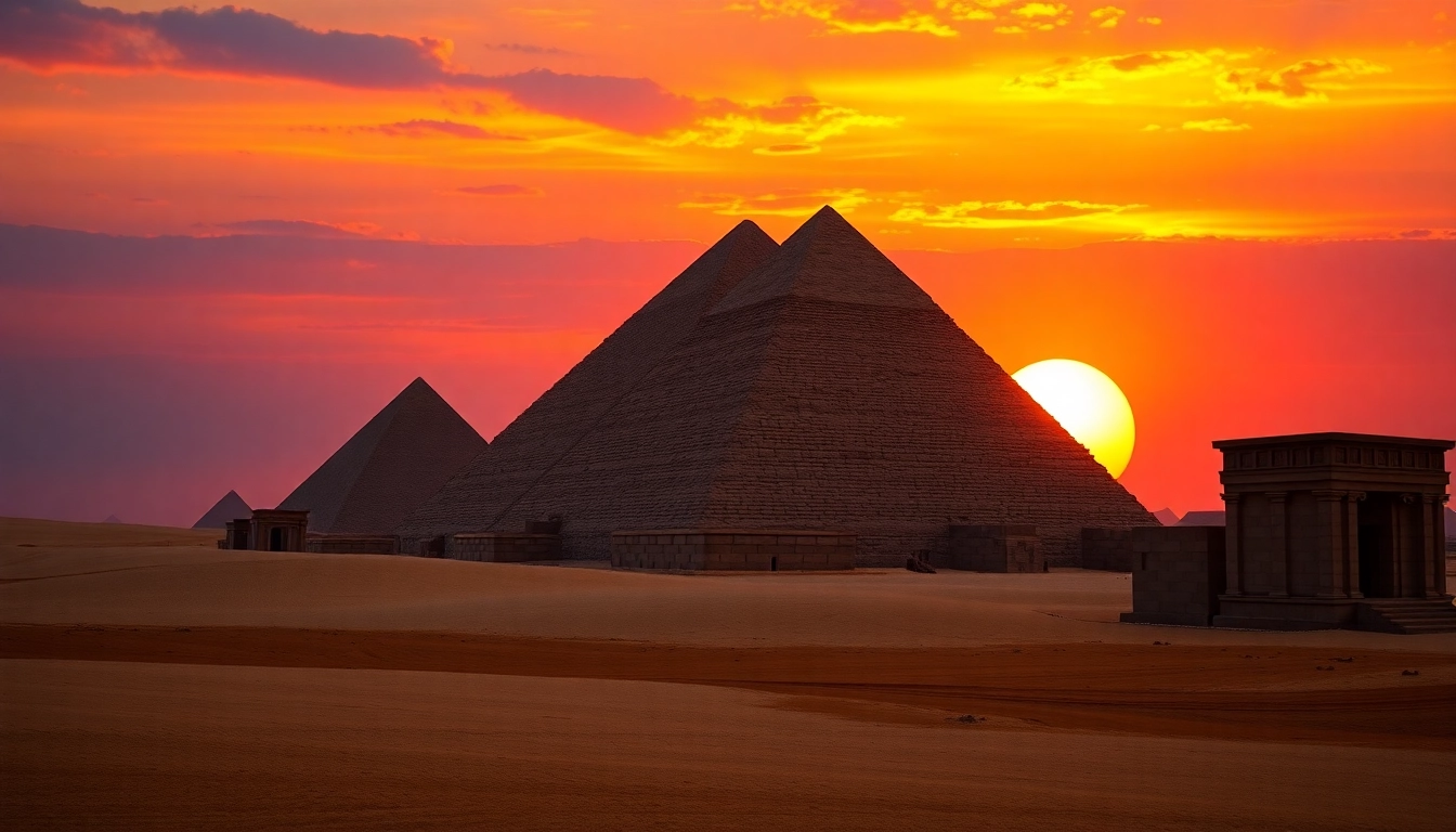 Experience the grandeur of piraminds, showcasing their majestic presence against a vibrant sunset.