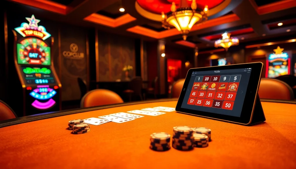 The topclub gaming scene features a vibrant poker table, roulette wheel, and modern slot machine, embodying excitement.