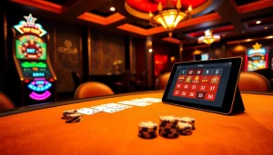 The topclub gaming scene features a vibrant poker table, roulette wheel, and modern slot machine, embodying excitement.