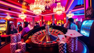 Experience thrilling gambling at S8 Casino with a stylish roulette wheel and poker chips.