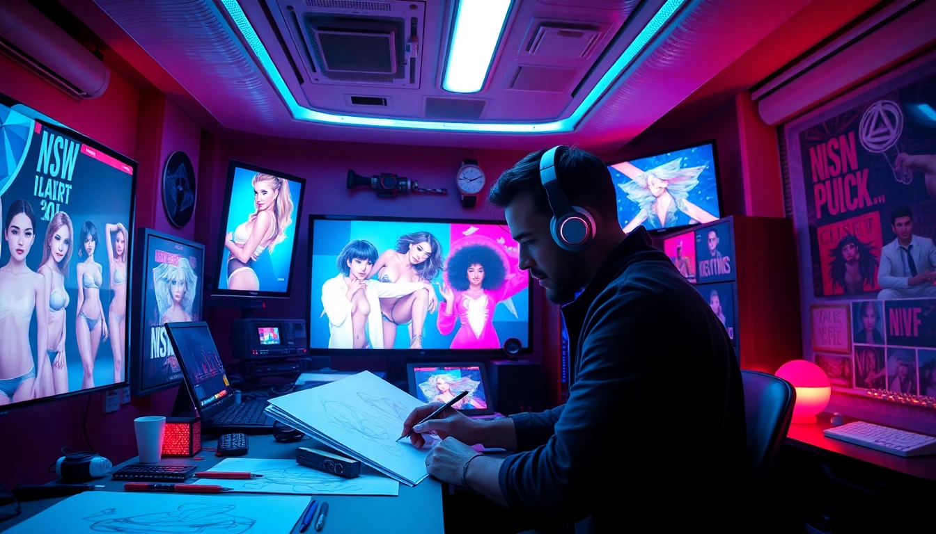 An artist uses AI nsfw tools in a vibrant digital art studio.