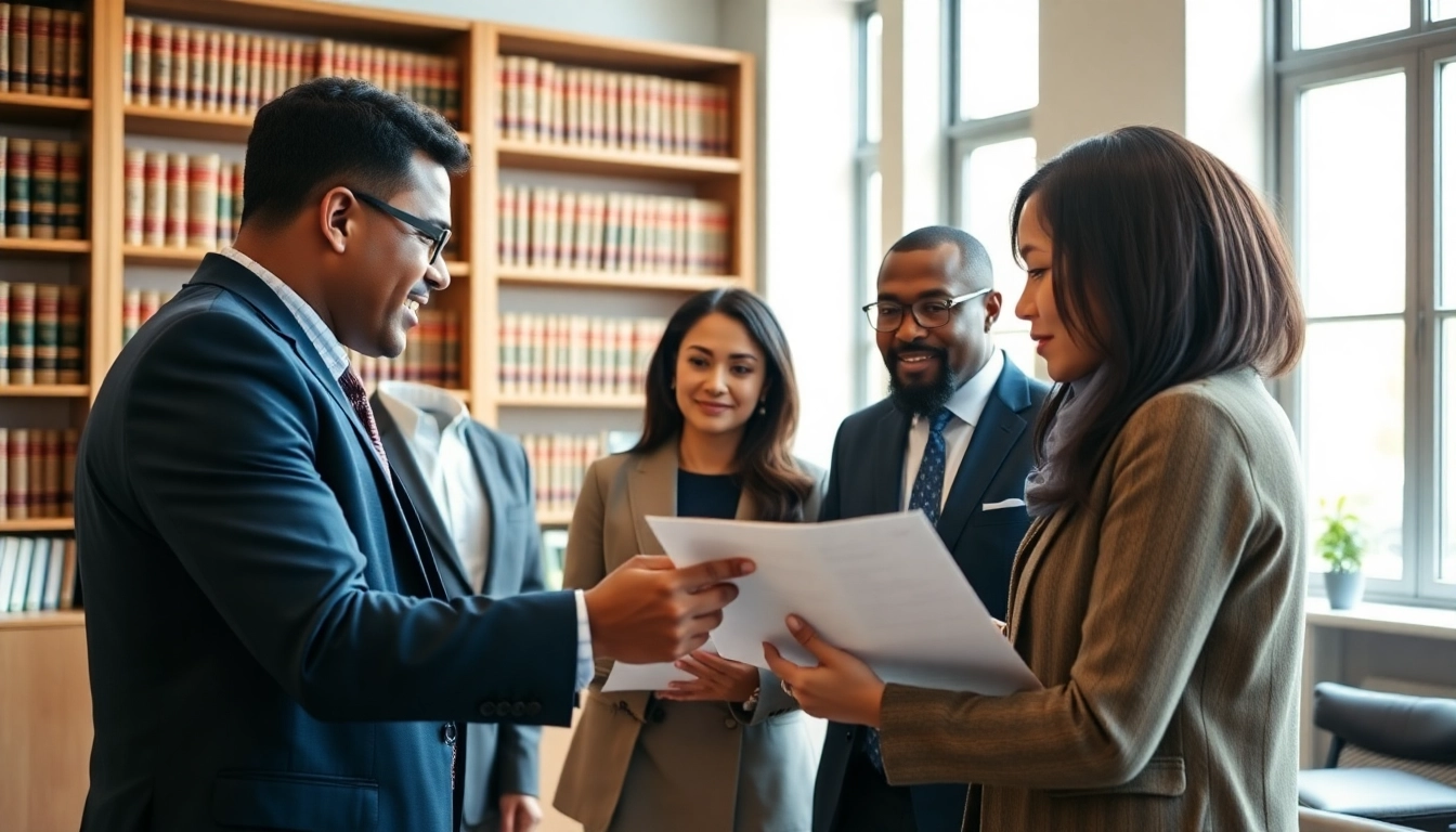 Brooklyn Real Estate Lawyer advising clients in a bright office filled with law books.