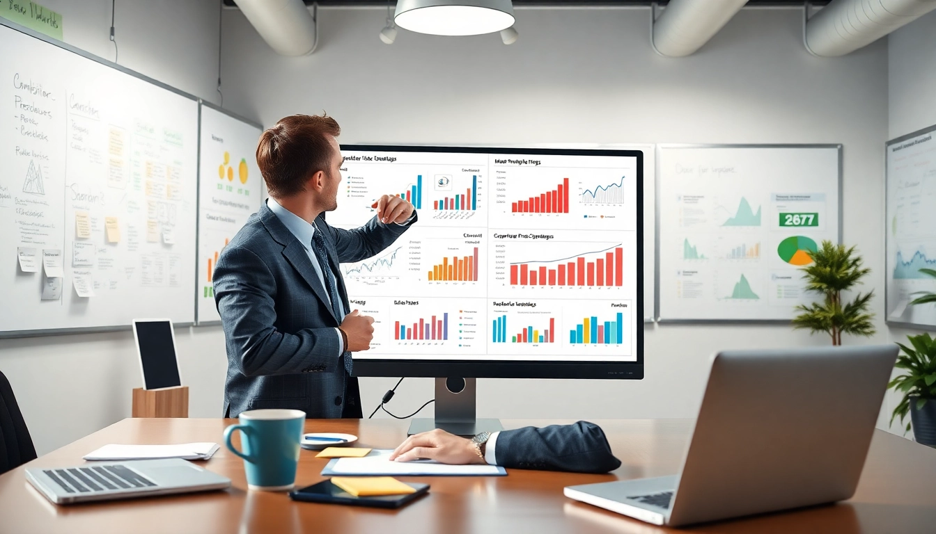 Find competitor pricing analysis with a businessperson reviewing data charts in an engaging workspace.