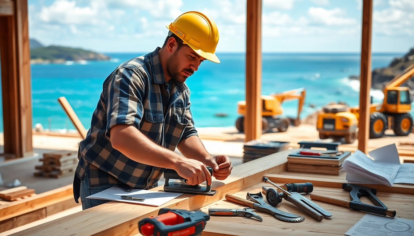 A tradesman in Oahu skillfully working at a construction site, highlighting trade schools oahu opportunities.