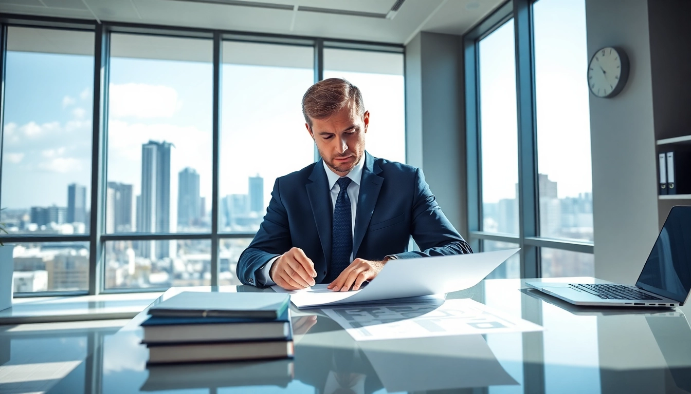 Broward County litigation lawyer reviewing documents in an office with a city skyline view.