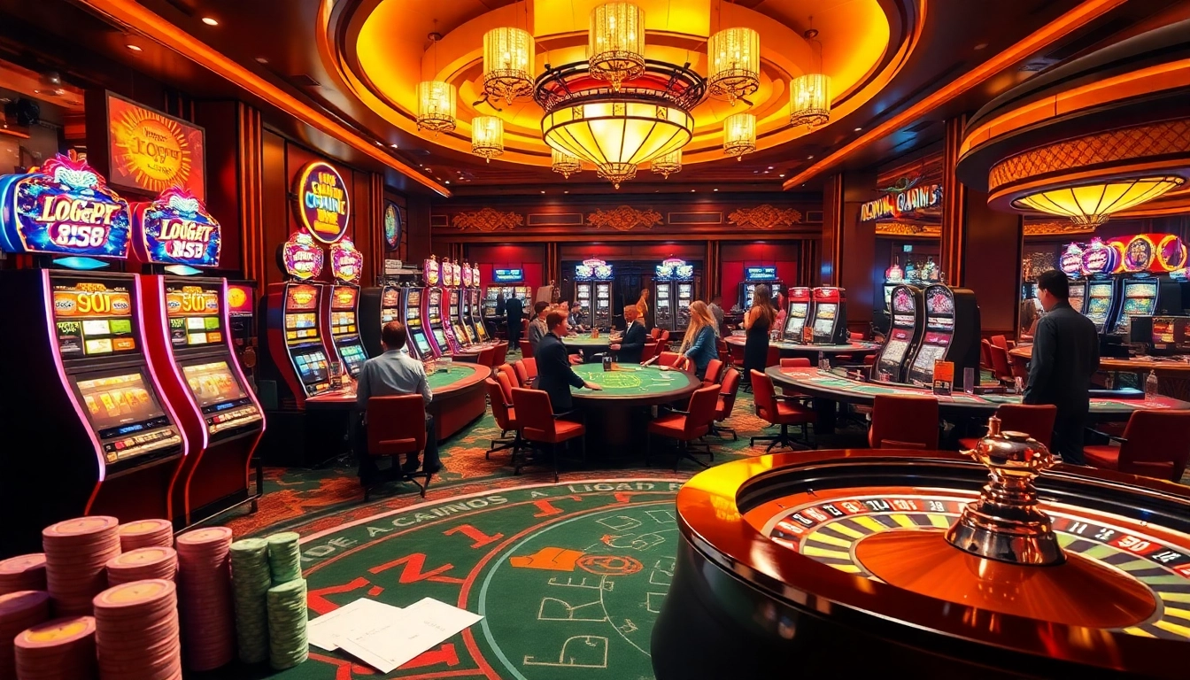 Situs deposit 5k showcased in a vibrant casino scene with players at slot machines and poker tables.