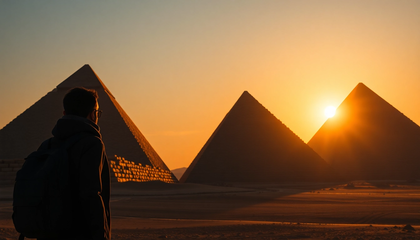 Explore the majestic piraminds under a dramatic sunset in this stunning landscape.