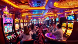 Rasakan sensasi pada mesin slot depo pulsa yang berwarna-warni di dalam suasana kasino mewah.