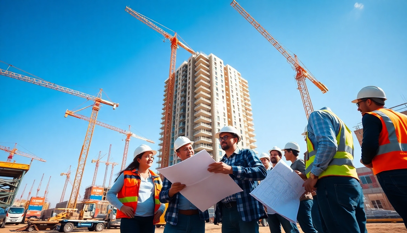 Showcasing construction advocacy, professional workers collaborate on site plans amidst bustling activity.