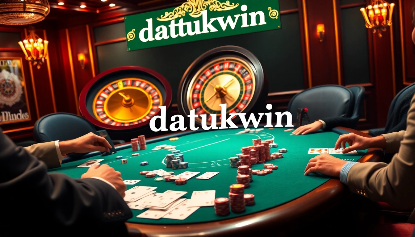 Rasakan permainan poker yang mendebarkan di meja kasino Datukwin yang mewah, dengan chip-chip berwarna-warni dan kartu.