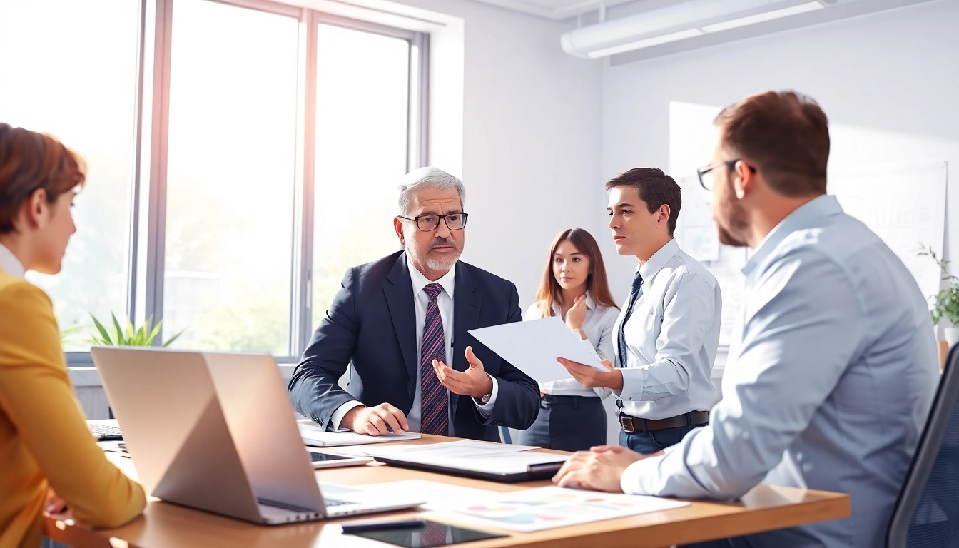 Engaged crisis management consultant strategizing with colleagues in a modern office.