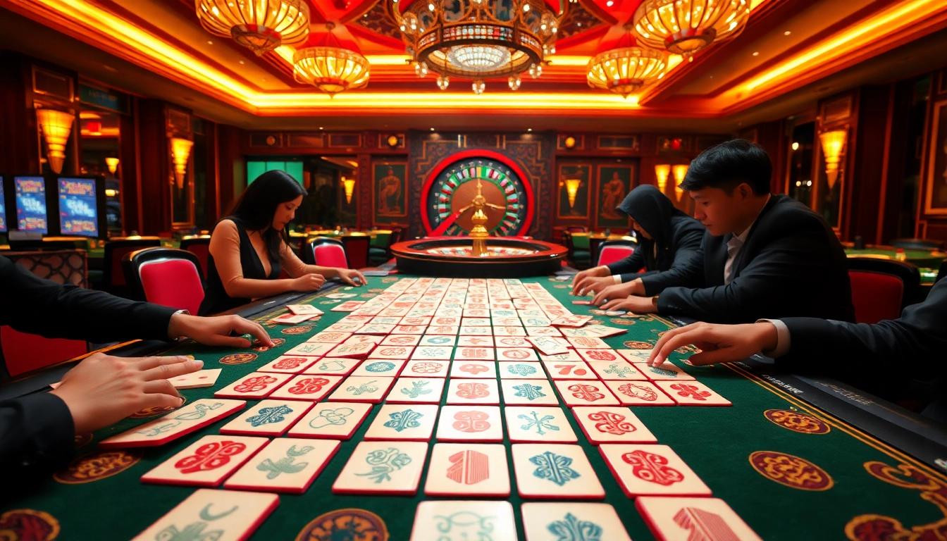 Link mahjong players enjoy an intense game at a casino table, surrounded by vibrant casino elements.