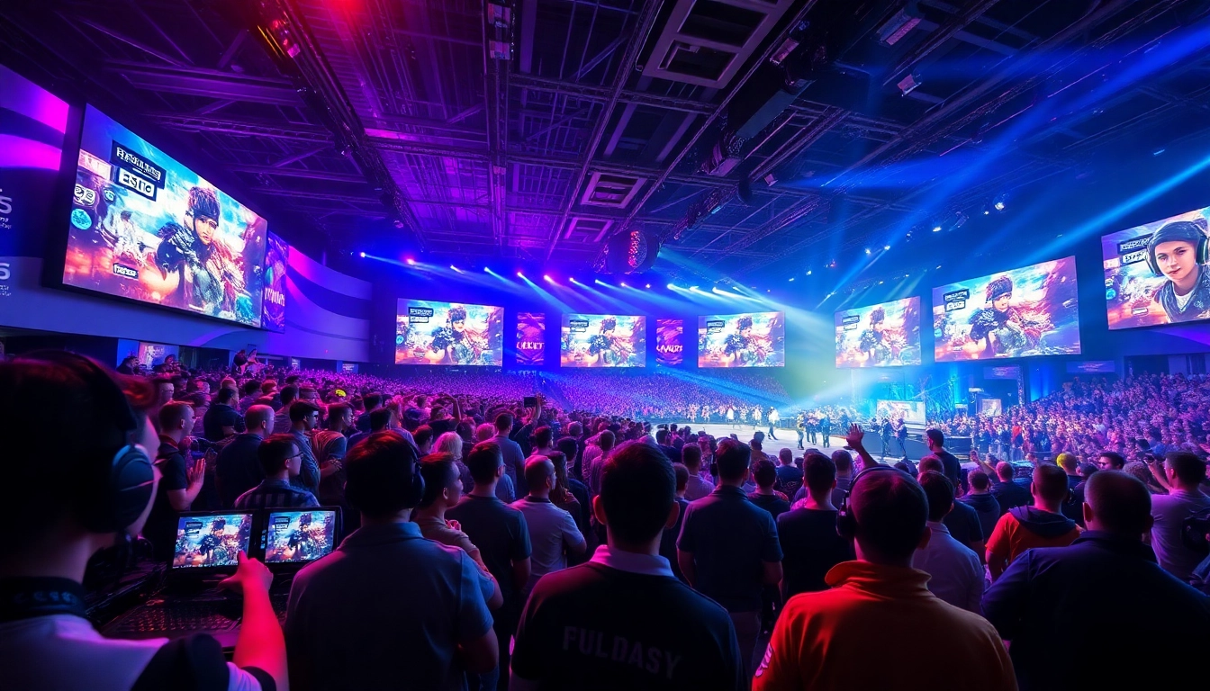 Watch Trực tiếp esports tournament highlights in a vibrant gaming arena filled with excitement.