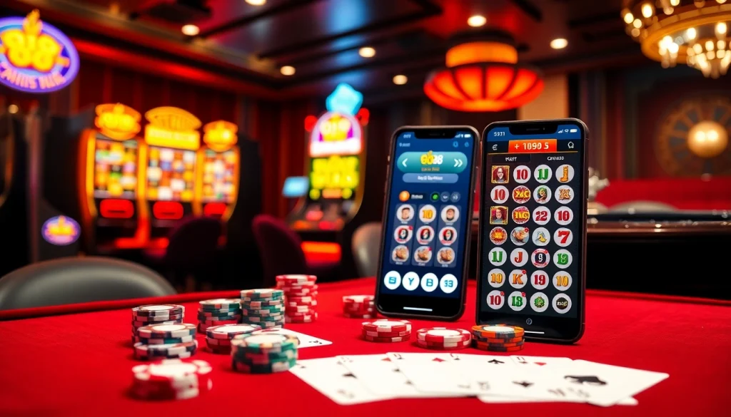 Experience the excitement of tải go88 with a luxurious casino scene showcasing glamorous gambling tables and slot machines.
