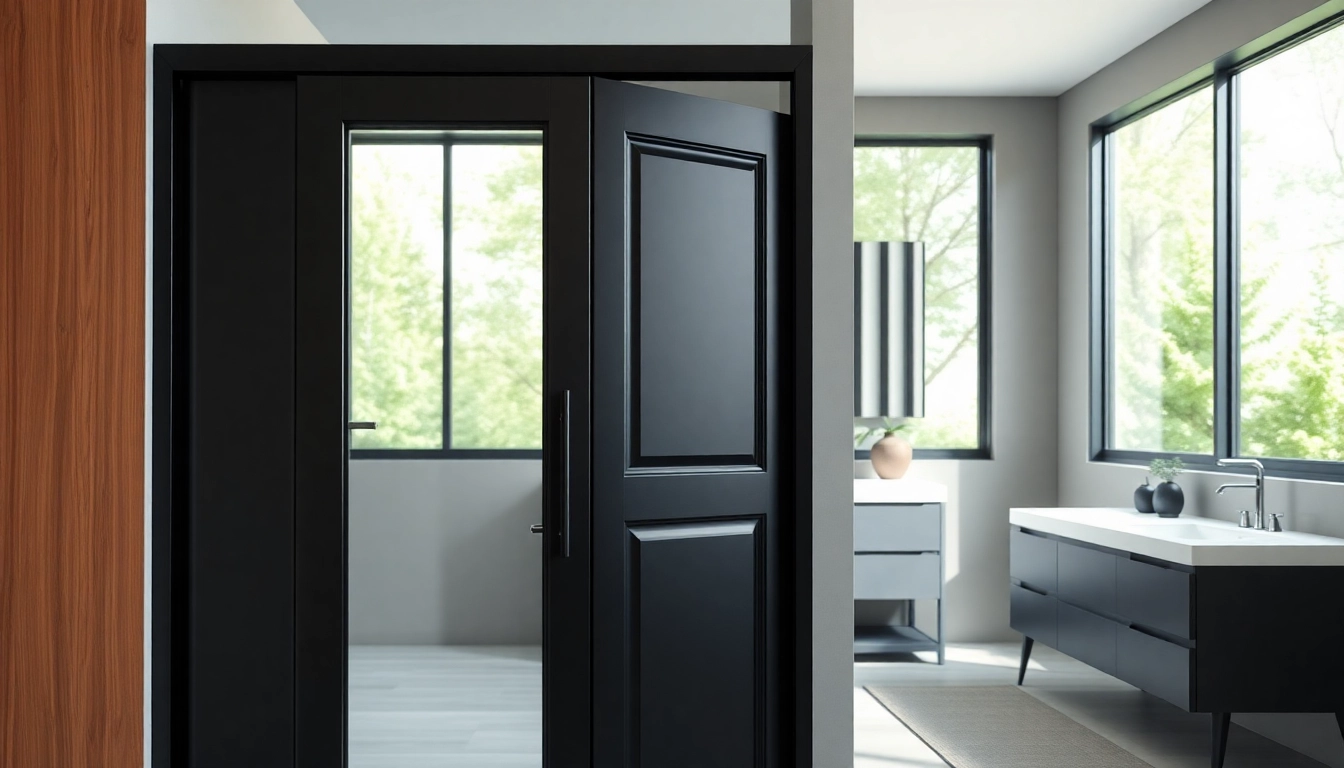Stylish black shower door black frame enhancing a modern bathroom design with sleek elegance.
