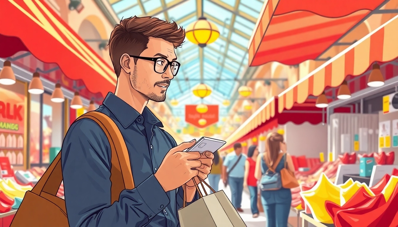 Shopper exploring options at https://buyingst.com, highlighting vibrant market atmosphere.