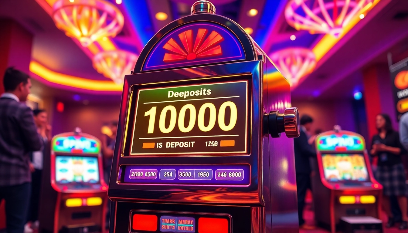 Menangkan slot deposit 1000 dengan mesin slot berwarna-warni dan suasana kasino yang ceria.