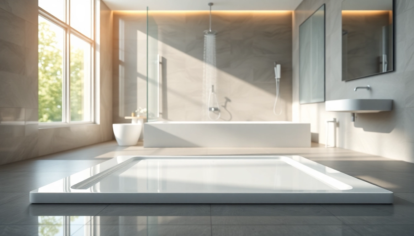 Showcase of a sleek shower base in a modern bathroom, emphasizing luxury and design.