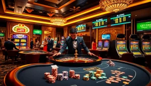 SHBET casino scene with players at roulette tables and vibrant slot machines.