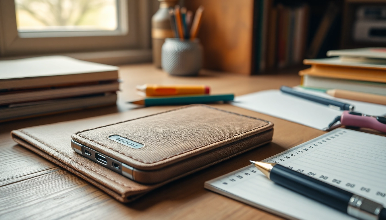 Handytasche Schule auf einem Schreibtisch mit Büchern und Schreibwaren.