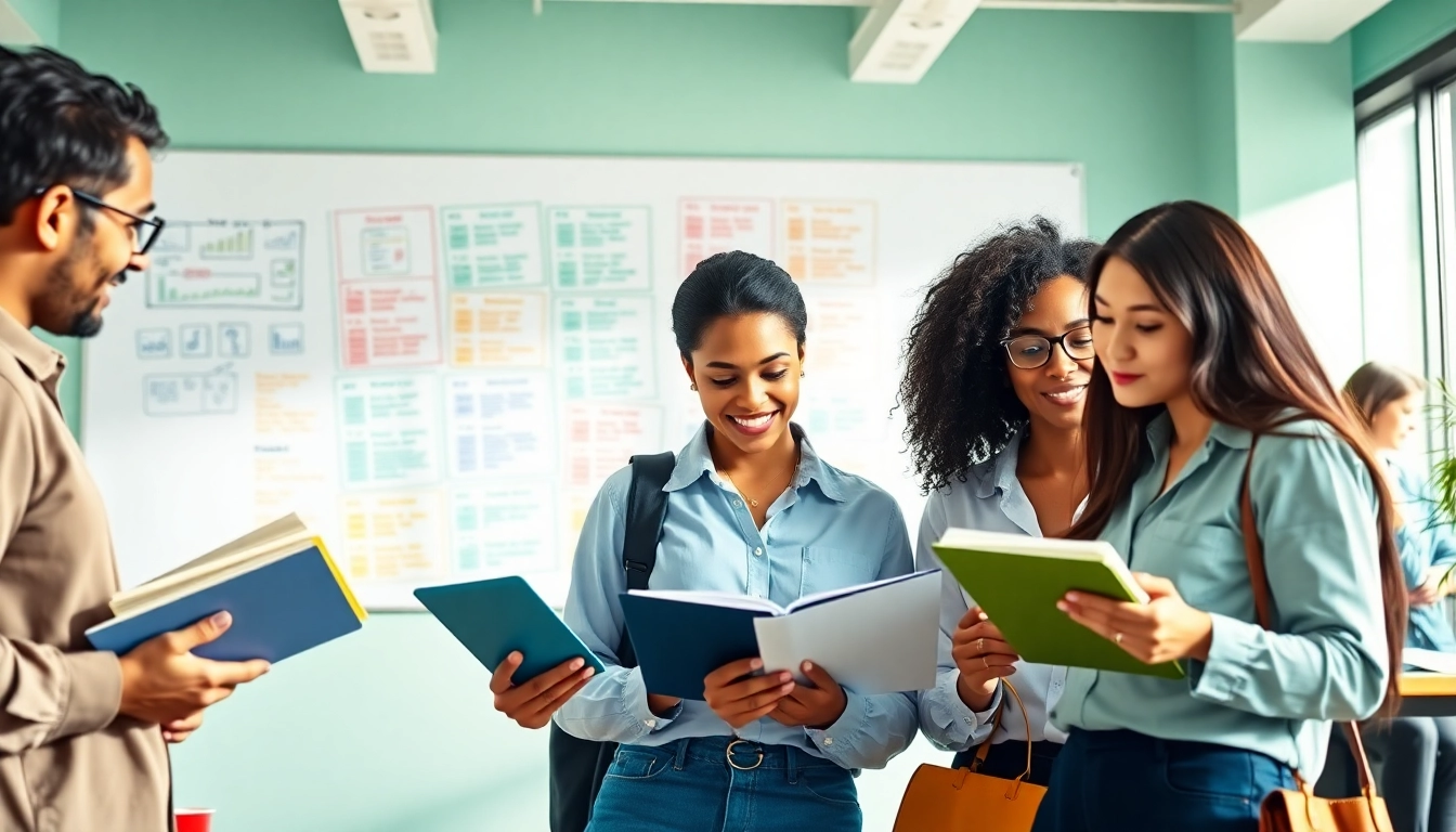 Students collaborating on exam preparation in a vibrant study area.