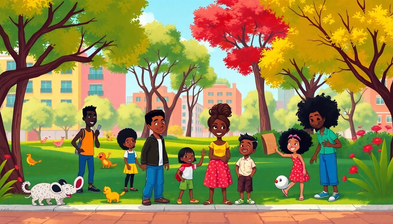 Vibrant scene of African American cartoons celebrating diversity and creativity in an urban park setting.