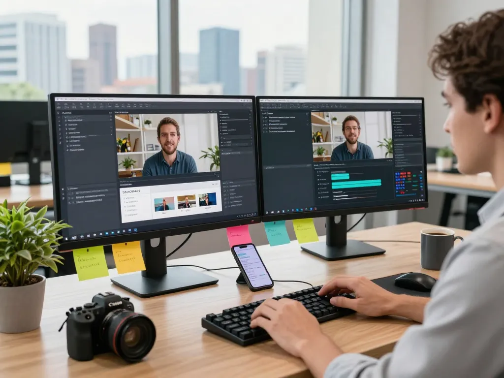 Data analyst using a video to promptgenerator tool on dual monitors in a modern office, showcasing video analysis software.