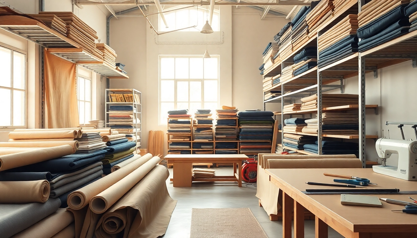 Bekijk goedkope canvas stoffen in een goed georganiseerde werkplaats met kleurrijke stoffen.