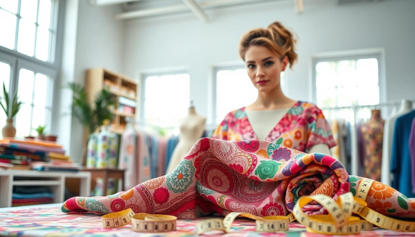 Stof voor jurk kopen met kleurrijke stoffen en naaiaccessoires in een heldere studio.