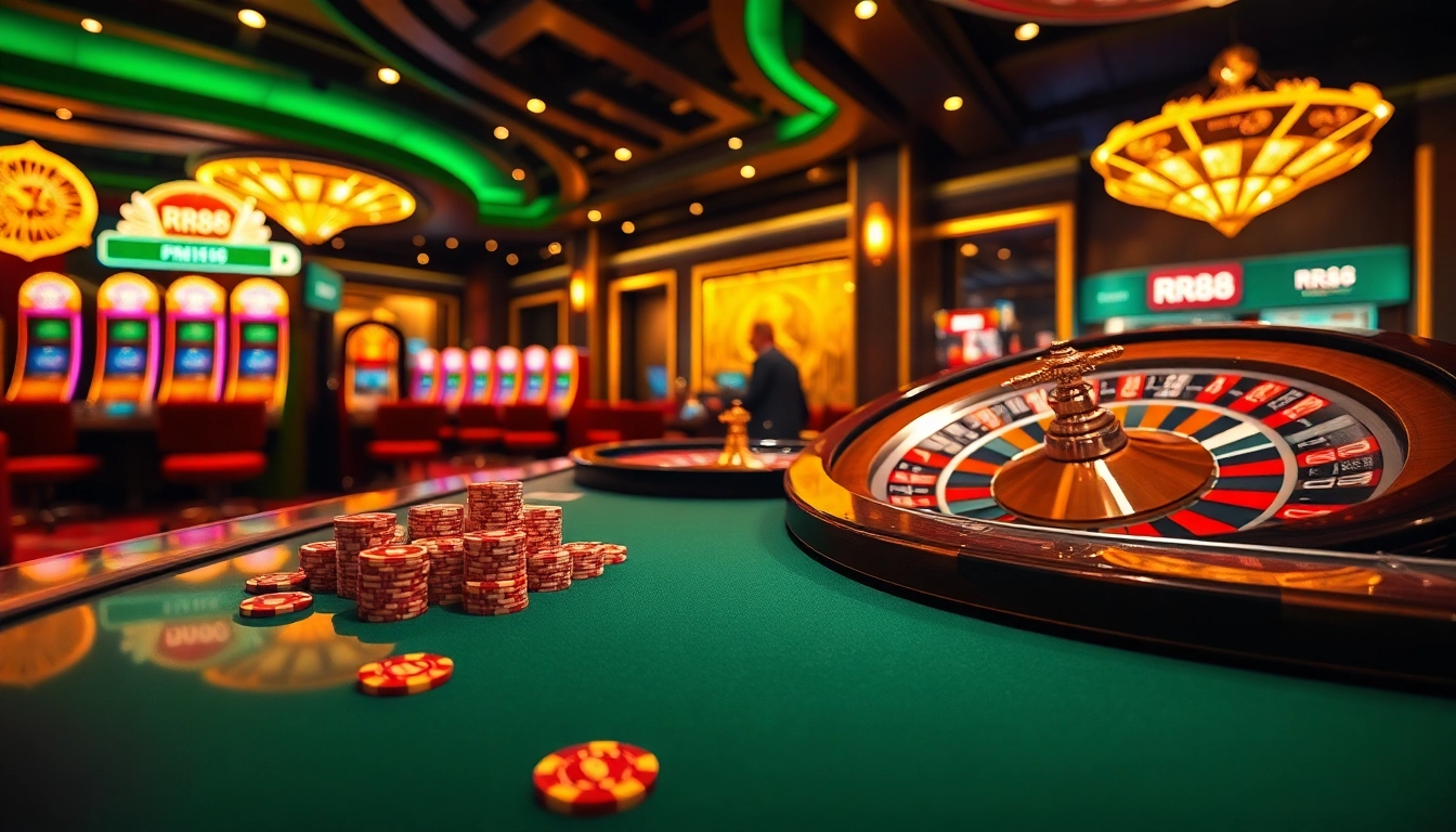 RR88 players engaging with dynamic slot machines in an elegant casino setting.