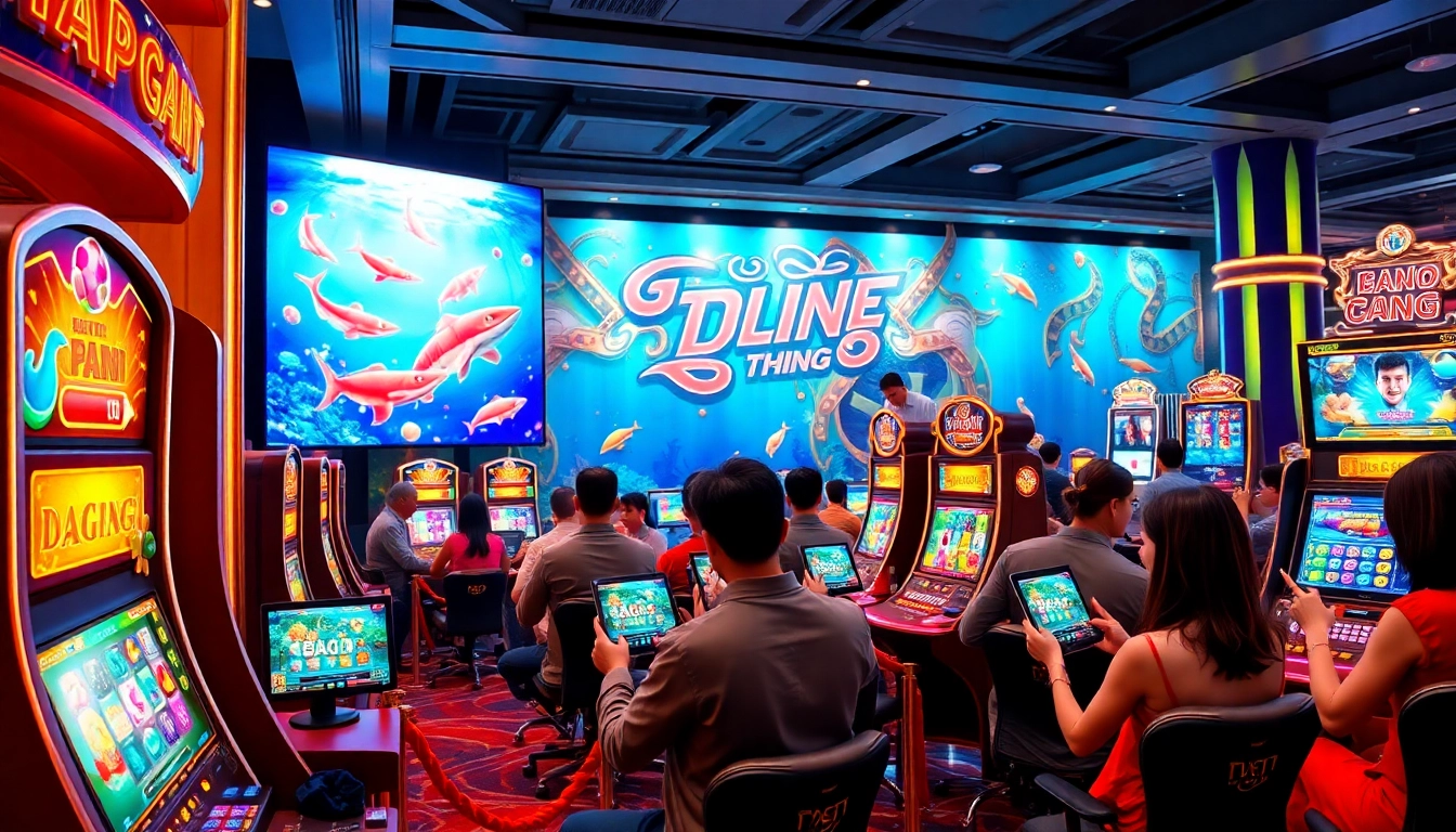 Bắn cá đổi thưởng gaming scene with vibrant 3D fish, jackpot slots, and excited players in a luxurious casino setting.