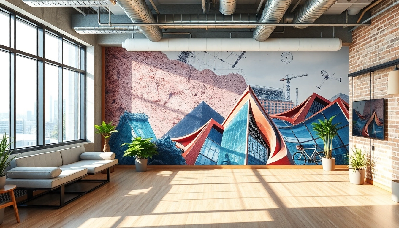 Imponujące wnętrze biurowe z żywymi muralami druku ściennego na betonowych i drewnianych powierzchniach.
