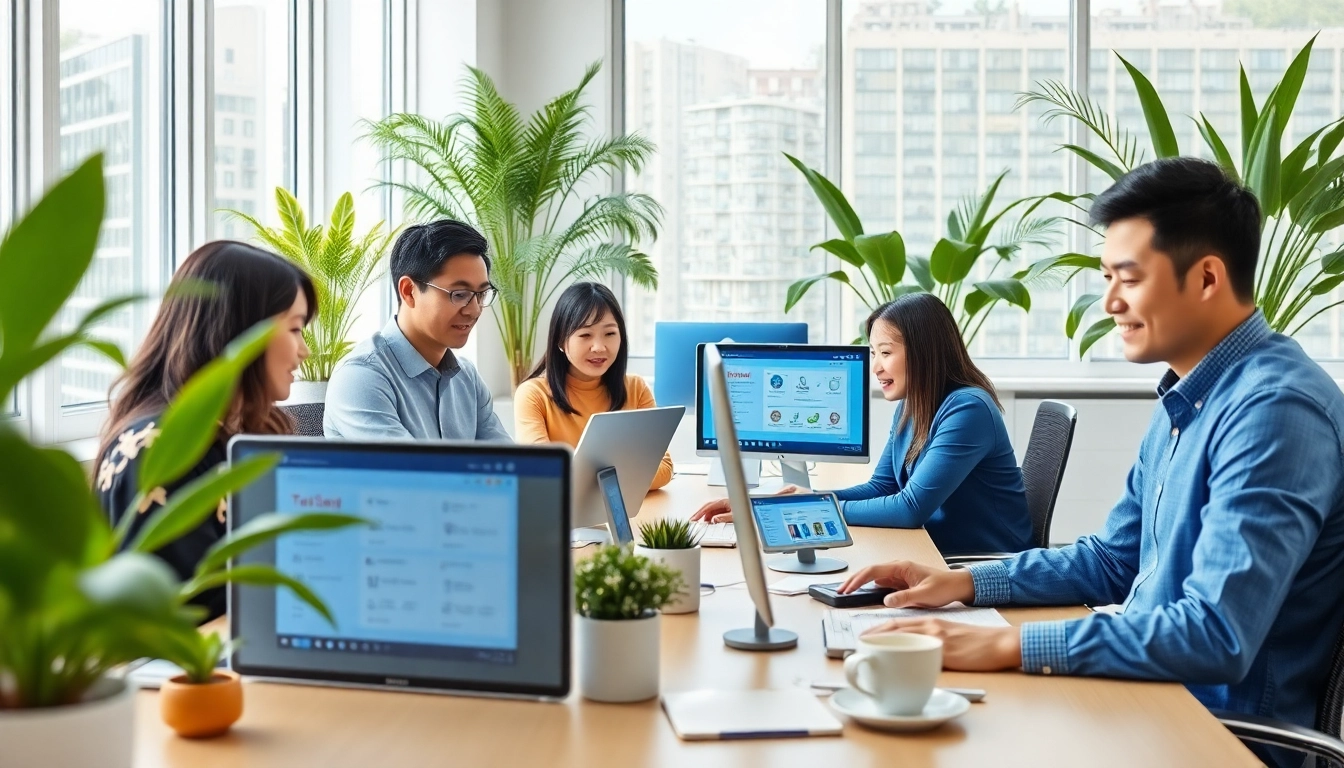 Professionals using 有道翻译 software in a modern office to enhance collaboration.