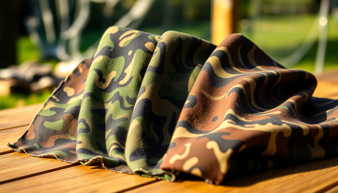Bekijk bijzondere camouflage stoffen met diverse patronen op een houten tafel.