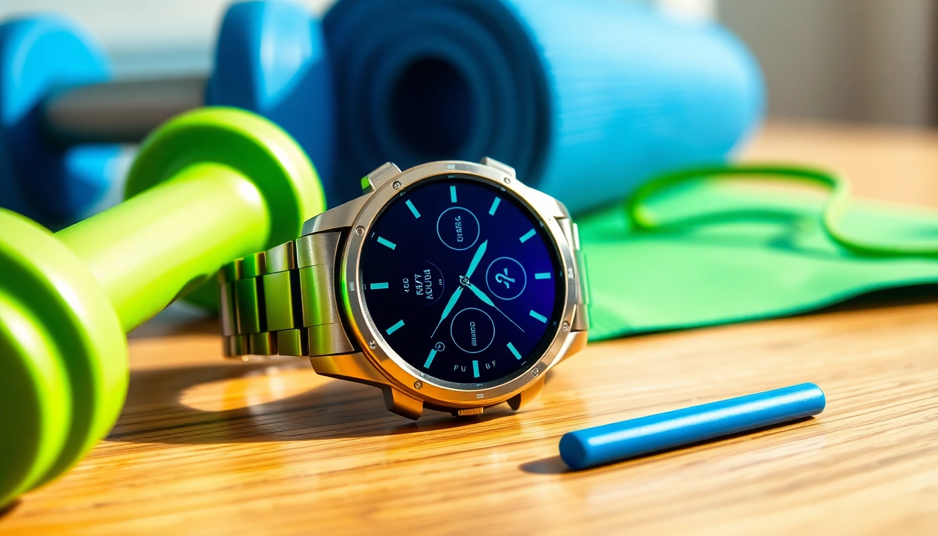 Track fitness goals with the Pulse Smart Watch displayed on a wooden desk among workout gear.