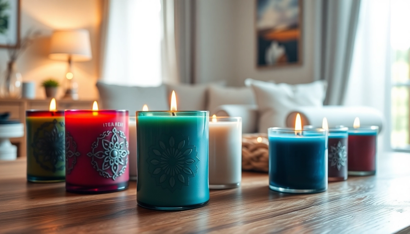 Mirisne svece na drvenom stolu u opuštajućem ambijentu sa prirodnom svetlošću.