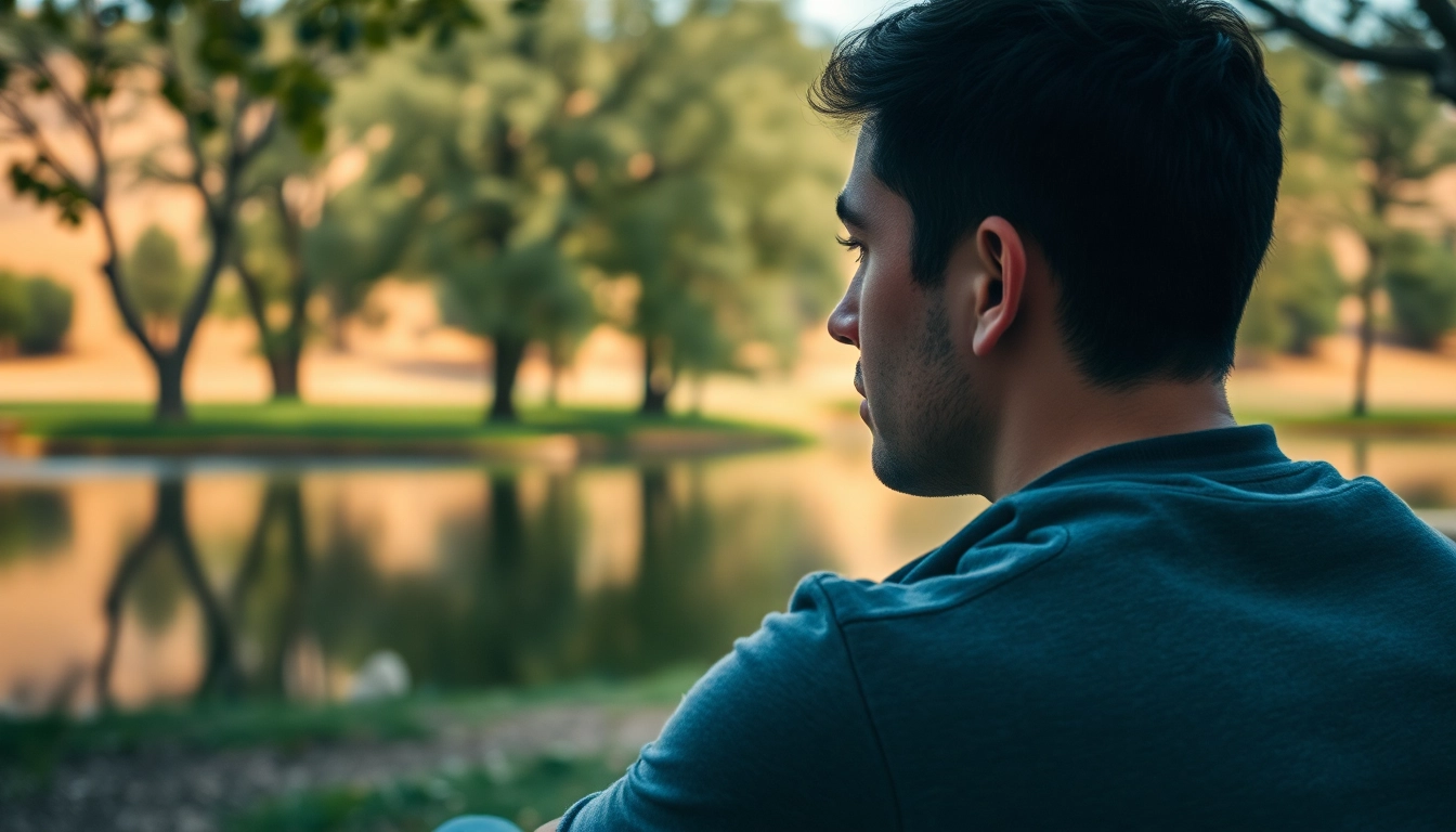 An individual reflecting on anxiety symptoms in a tranquil outdoor setting, highlighting serenity and clarity.