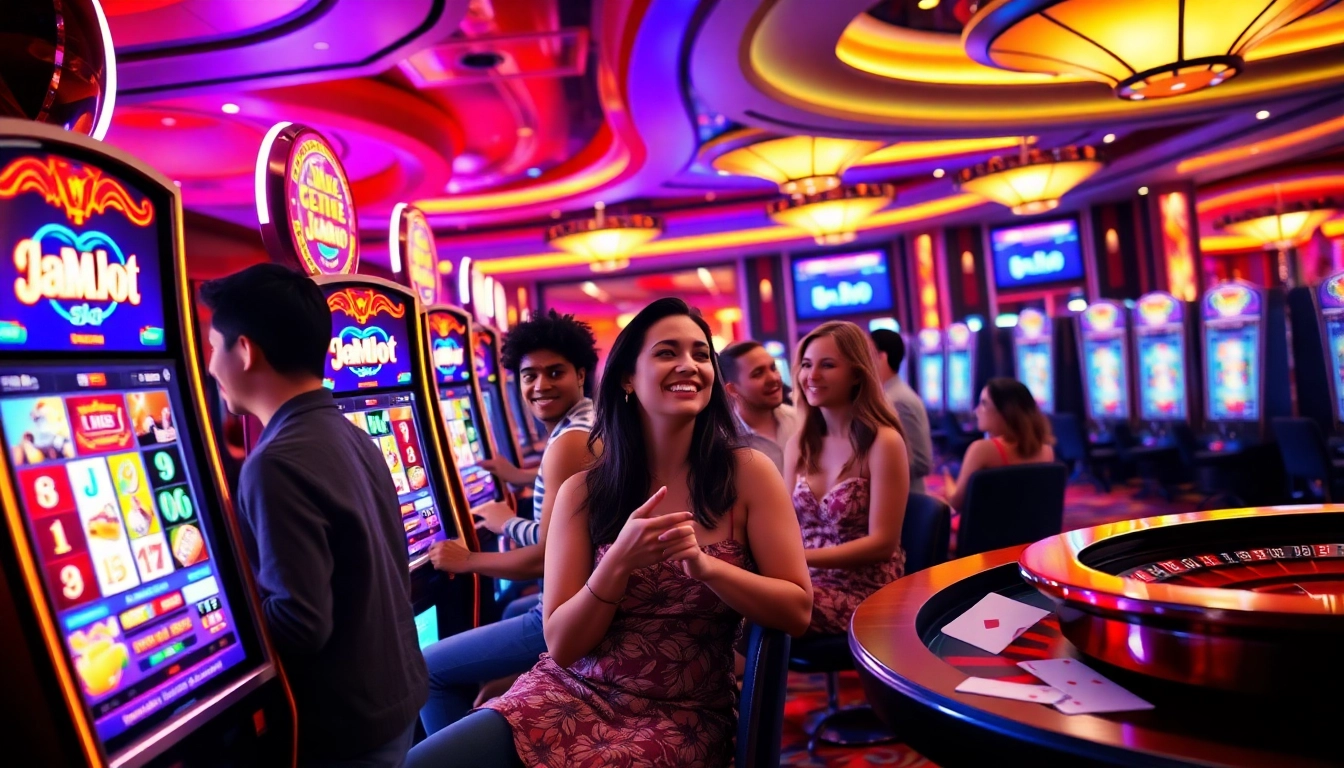 Experience the excitement of JAMUslot at a luxurious casino with vibrant slot machines and joyful players.