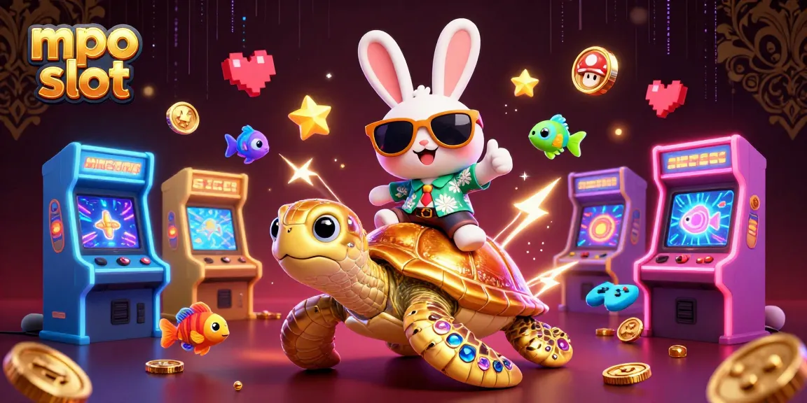 Play mpo slot with the lucky rabbit and golden sea turtle in an exciting 3D casino illustration.