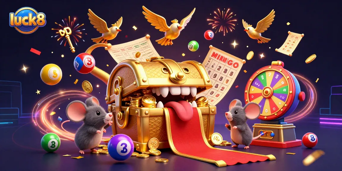 Experience excitement with luck8's vibrant 3D illustration featuring dynamic lottery elements and golden treasure.