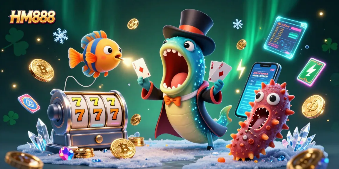 Engage with the magic of HM888 amidst a vibrant casino scene filled with neon crypto coins and captivating characters.
