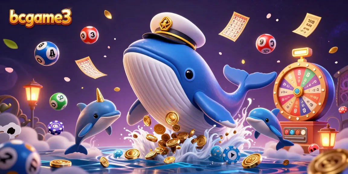 Raih kemenangan dengan bcgame3; ilustrasi kasino yang menampilkan ikan paus bercaptain saat bermain dengan dadu emas.