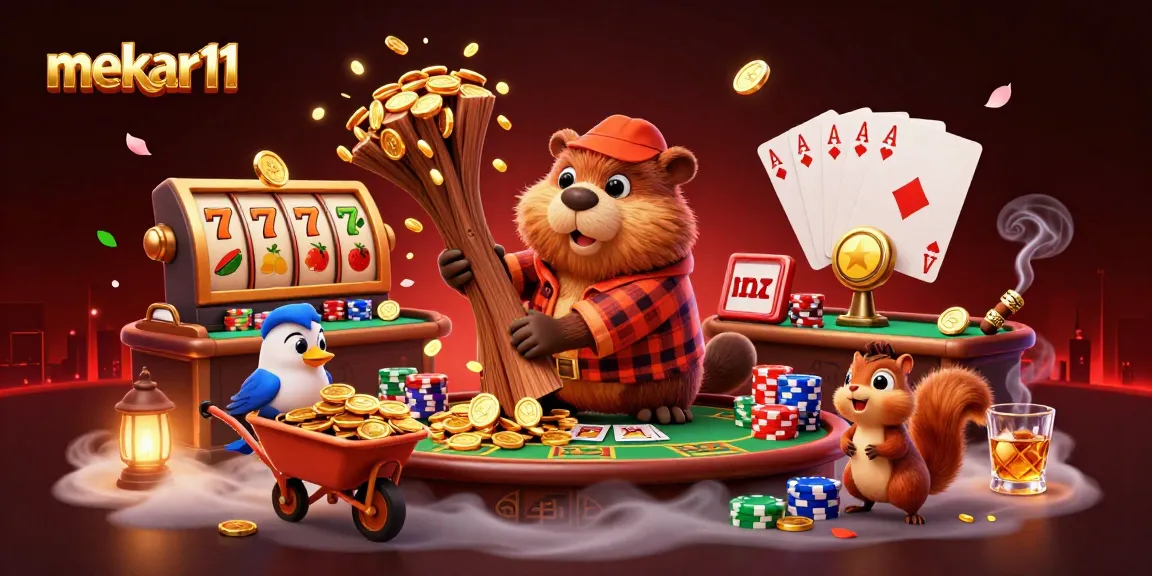 Play exciting slots with mekar11 in an immersive casino themed illustration showcasing winning features.